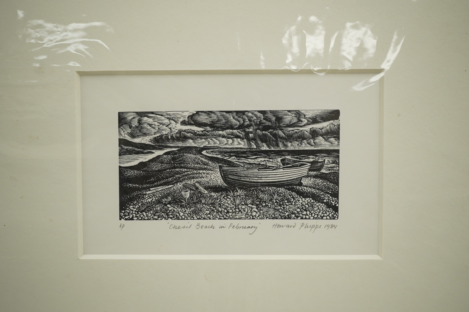 Howard Phipps (b.1954), artist proof wood engraving, 'Chesil Beach in February', signed and dated 1984 in pencil, 8 x 13cm, mounted, unframed. Condition - good